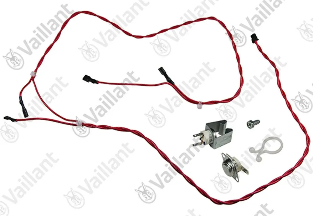 Kabelloses Sensor-Set von Vaillant mit mehreren roten Kabeln, Anschlusssteckern, einer Metallklammer, einem Schraubenpaar und einer Kunststoffsicherung.